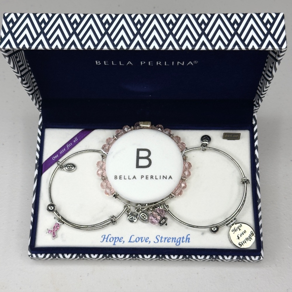 Bella Perlina Silver and Pink Charm 3 Bracelets Set